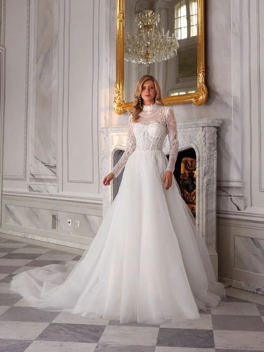 Parker by Vanilla Sposa: A-Line silhouette, boat neck neckline, long sleeves, lace