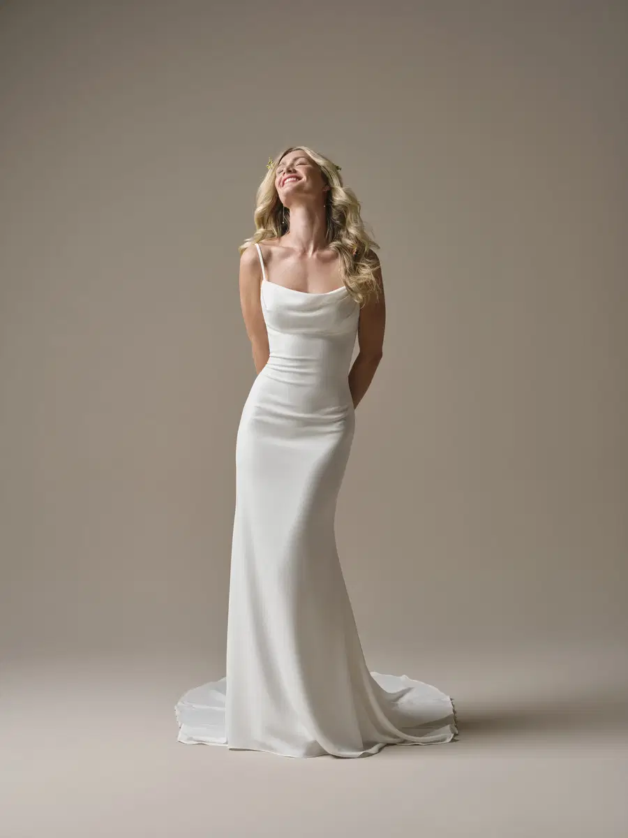 Brenda by Rebecca Ingram: cat eye neckline, crepe