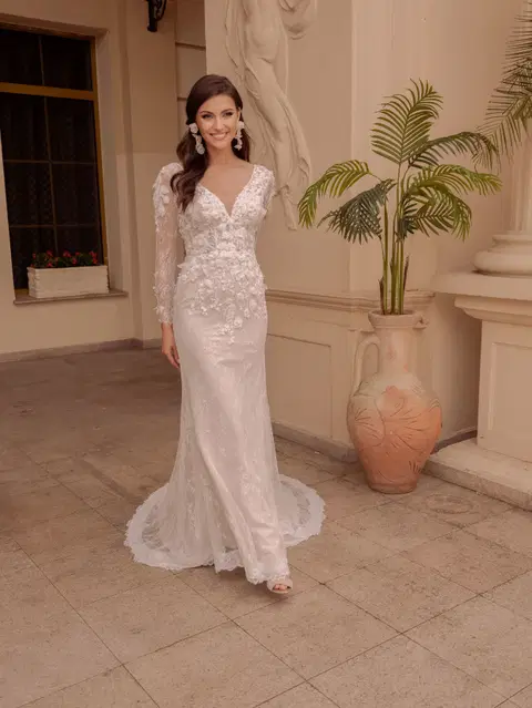 Style TO-2080T wedding dress by Agnes, lace, V-neck