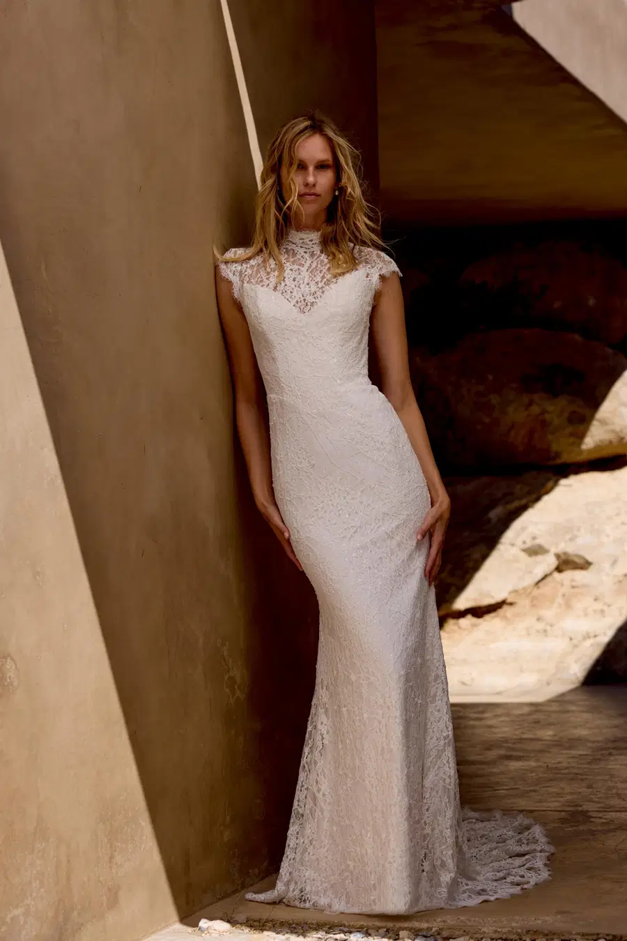 66460 by Lillian West: Trumpet silhouette, high / halter neckline, cap sleeves, lace