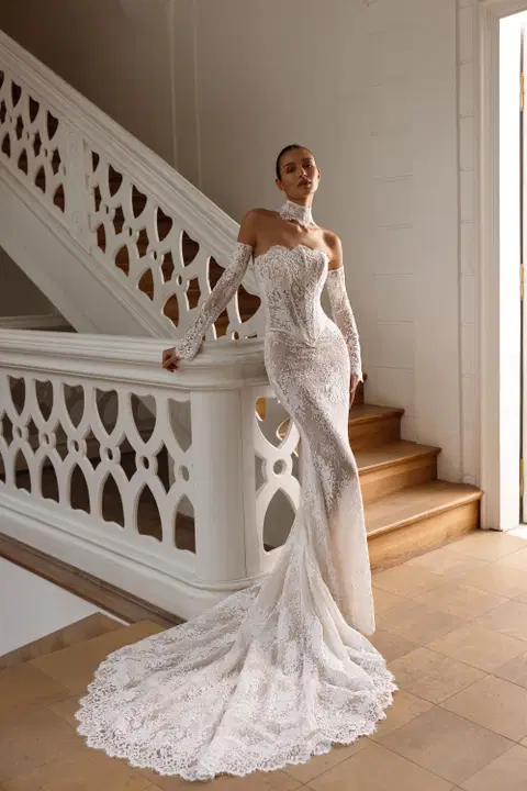 Rose wedding dress by Tina Valerdi, mermaid, lace