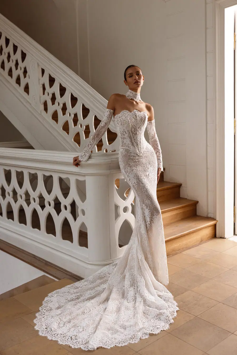 Rose by Tina Valerdi: Mermaid silhouette, straight neckline, long sleeves, lace
