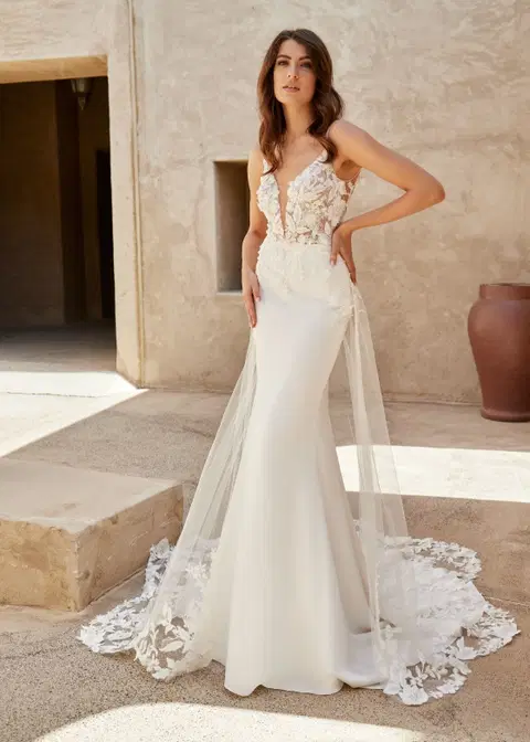 Sweet Violet wedding dress by Dando London, fit & flare, crepe