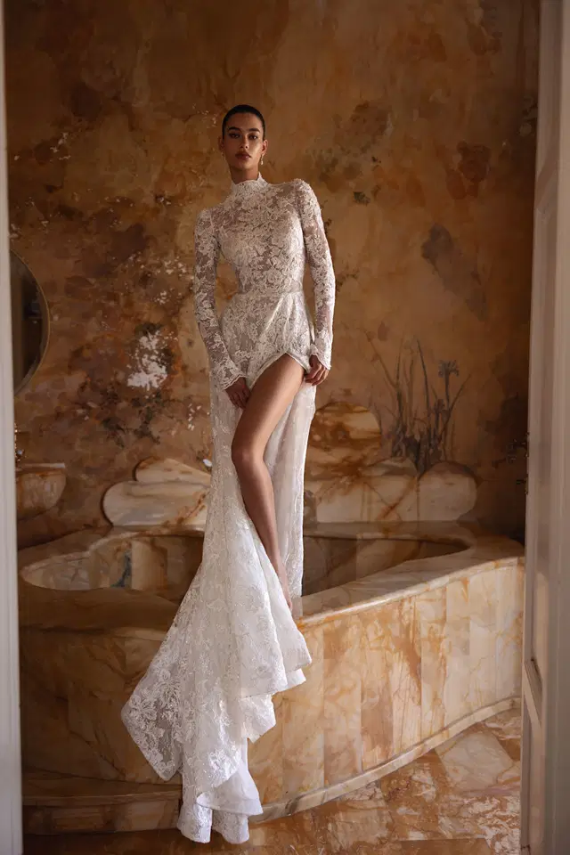 Cosette by Tina Valerdi: Mermaid silhouette, high / halter neckline, long sleeves, lace