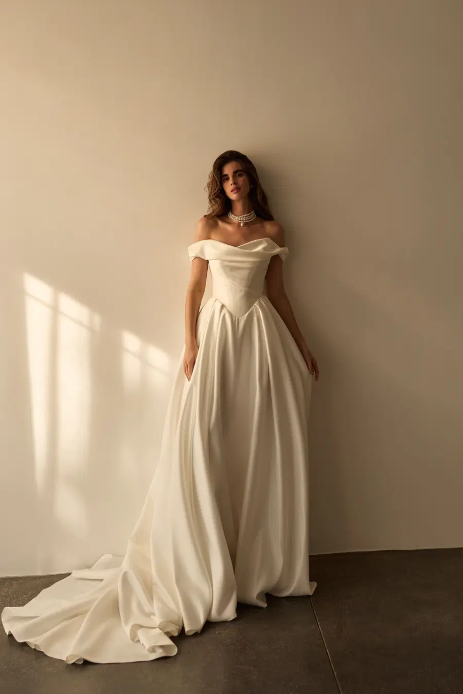 Grace by Milla Nova: A-Line silhouette, off-shoulder neckline, satin