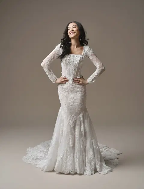 Takera Leigh wedding dress by Maggie Sottero, fit & flare, crepe