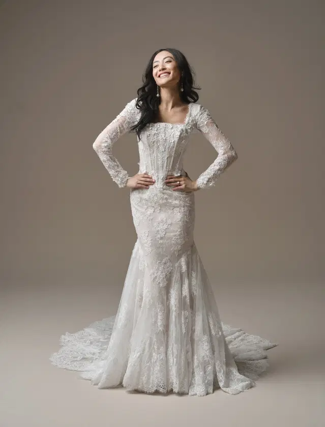 Takera Leigh by Maggie Sottero: Fit & Flare silhouette, square neckline, long sleeves, crepe