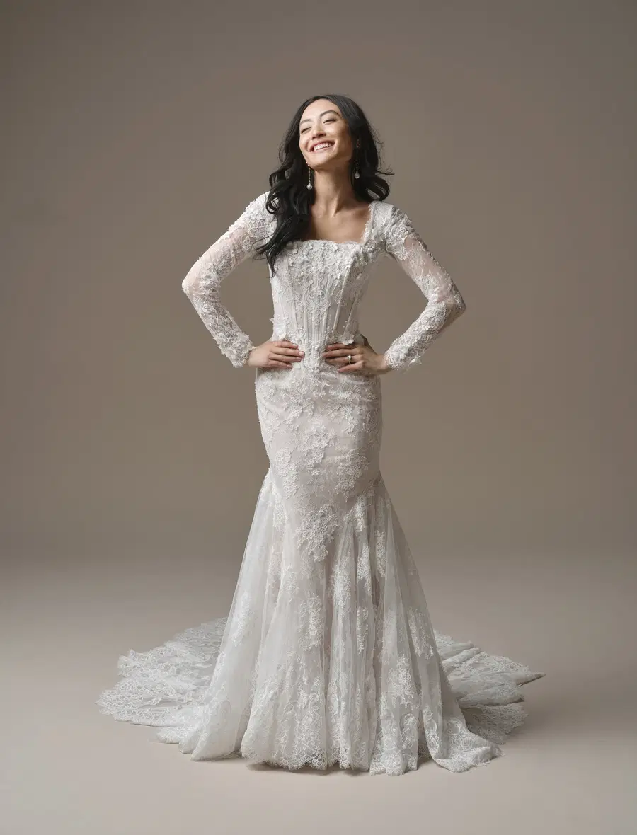 Takera Leigh by Maggie Sottero: Fit & Flare silhouette, square neckline, long sleeves, crepe