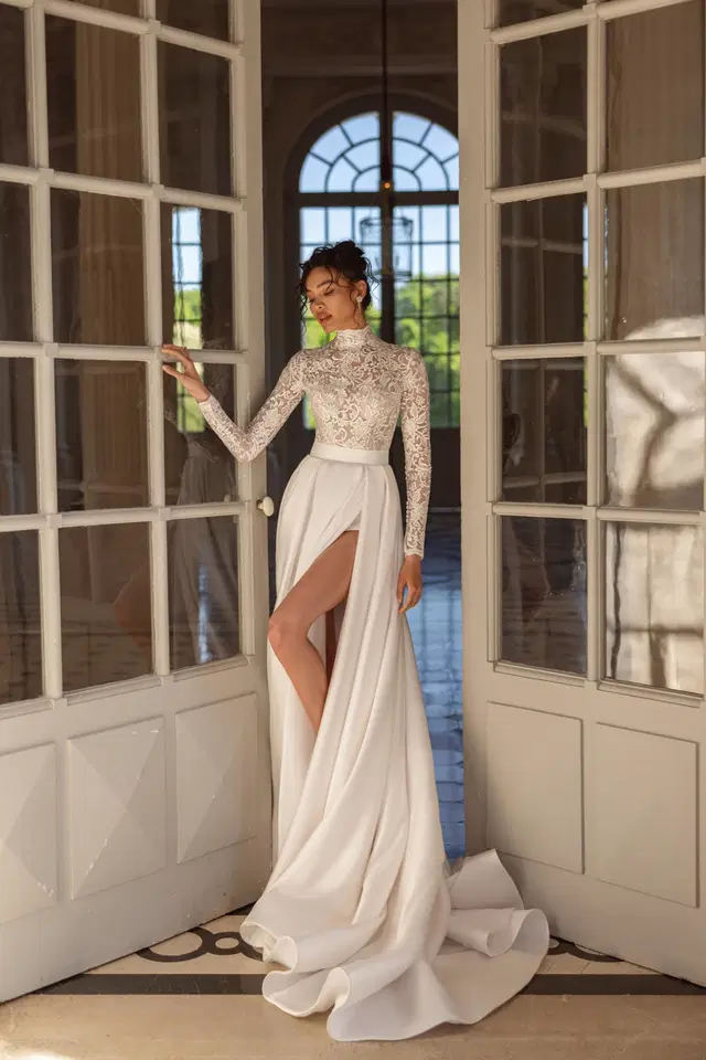 Kora by Ella Novia: A-Line silhouette, high / halter neckline, long sleeves, lace