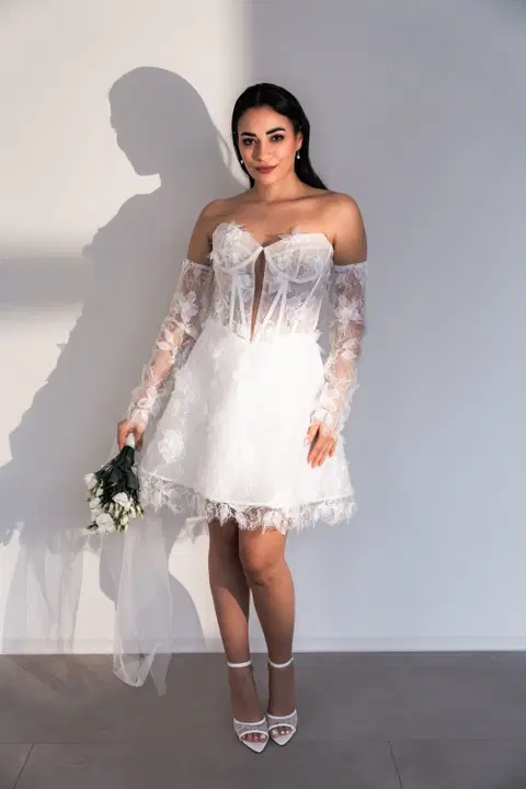 Lumiere wedding dress by Fan Xia, short, lace