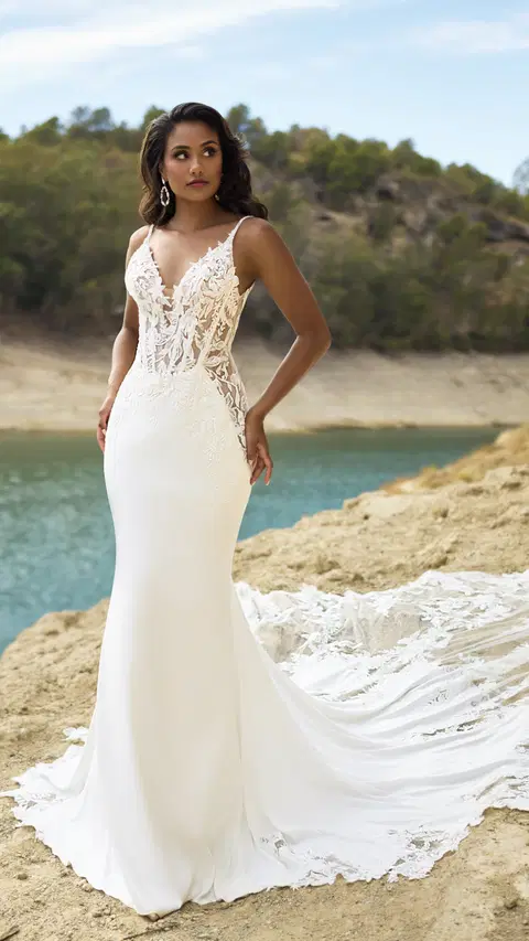 Style PU26519 wedding dress by Pure by Très Chic, fit & flare, crepe