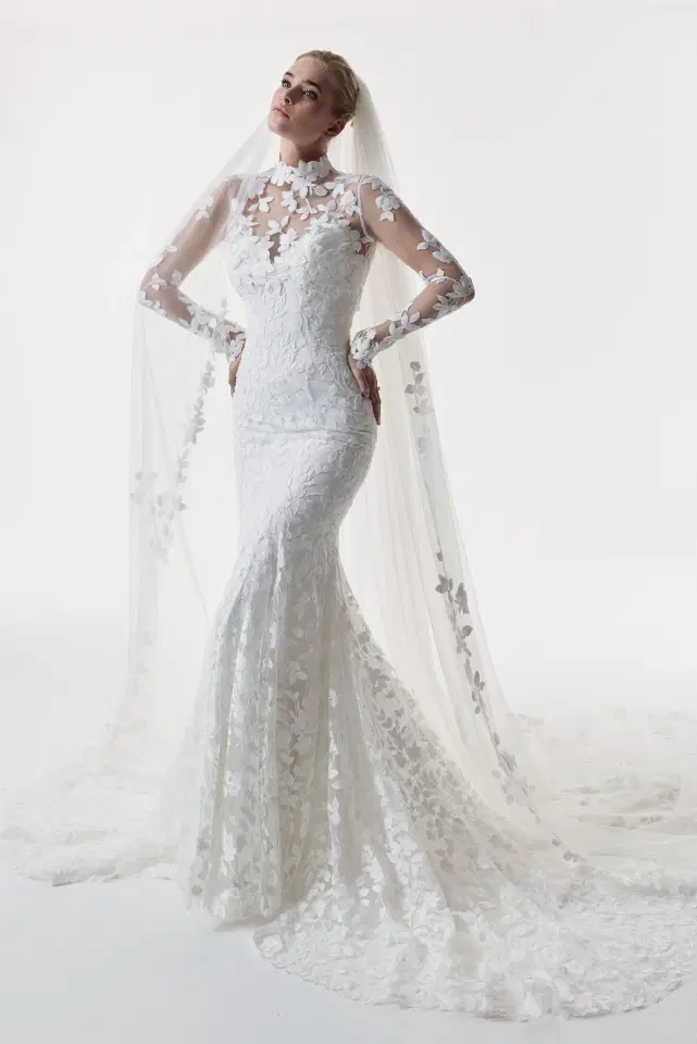 Evelyn by Josephine Scott: Trumpet silhouette, high / halter neckline, long sleeves, lace