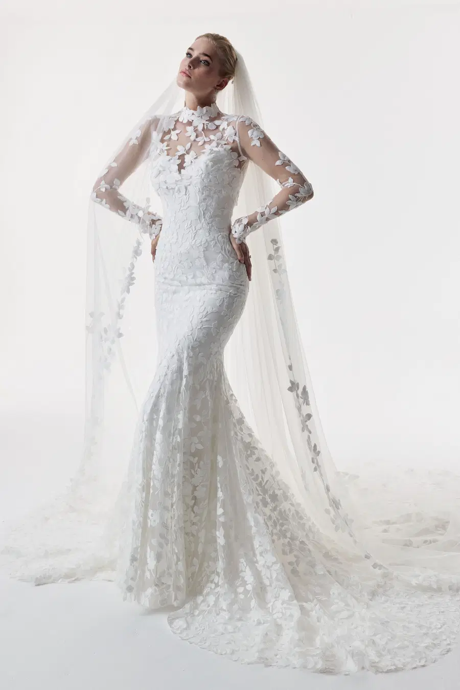 Evelyn by Josephine Scott: Trumpet silhouette, high / halter neckline, long sleeves, lace