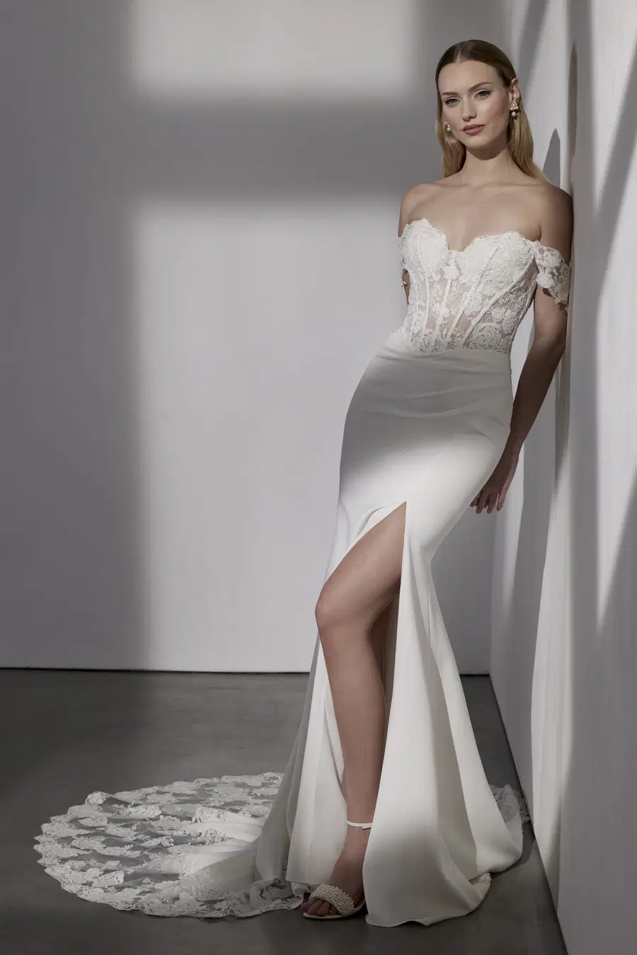 Brompton by Avenue by Josephine Scott: Mermaid silhouette, off-shoulder neckline, long sleeves, crepe