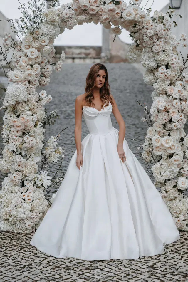 E457 - Adelina by Abella: Ball Gown silhouette, sweetheart neckline, sleeveless, satin