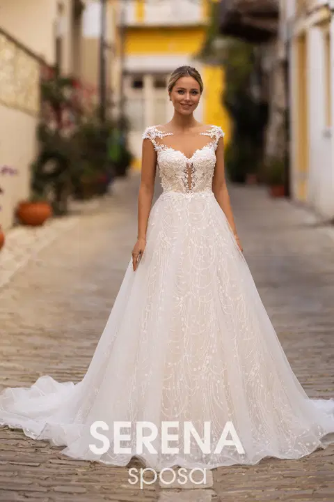 Style 5552 wedding dress by Serena Bridal, A-line, lace