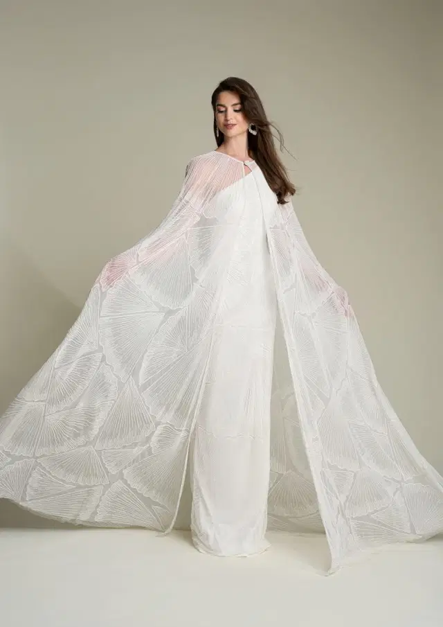 Sheila dress & Jerry cape by Eliza Jane Howell: Straight silhouette, sleeveless, tulle
