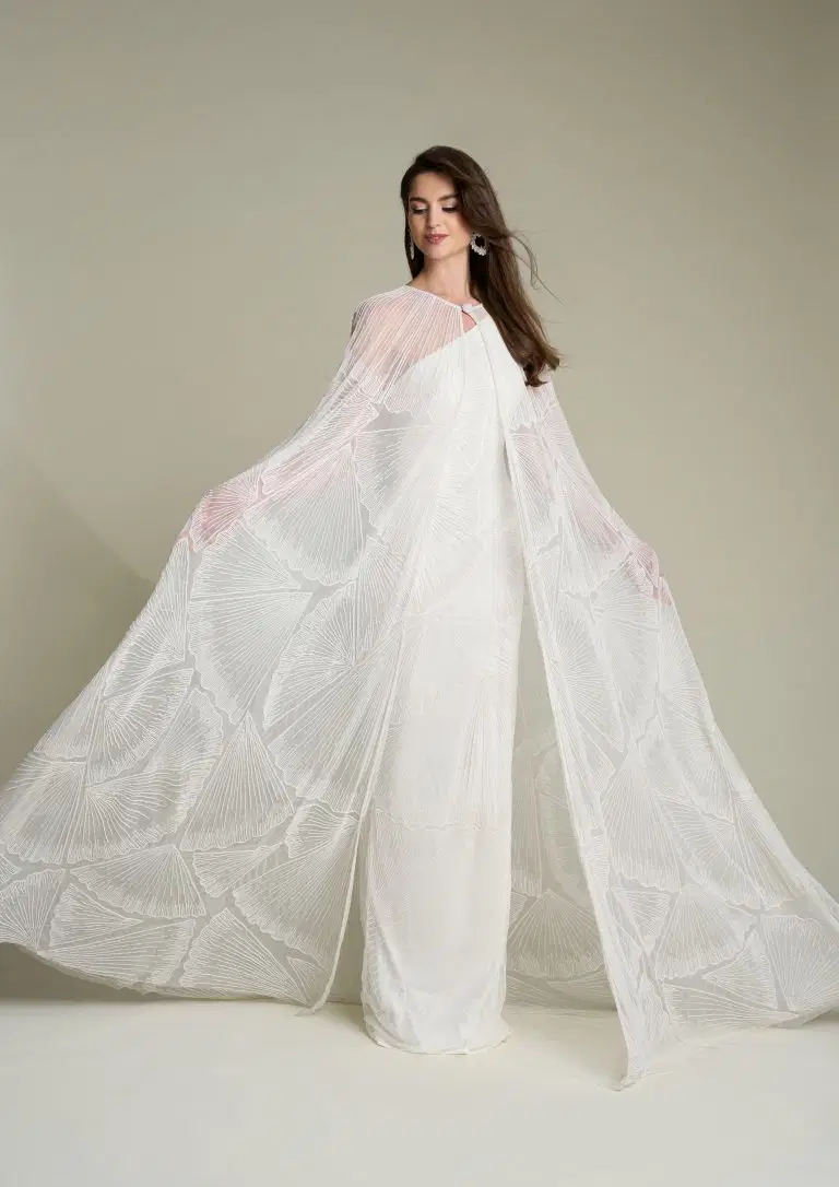 Sheila dress & Jerry cape by Eliza Jane Howell: Straight silhouette, sleeveless, tulle