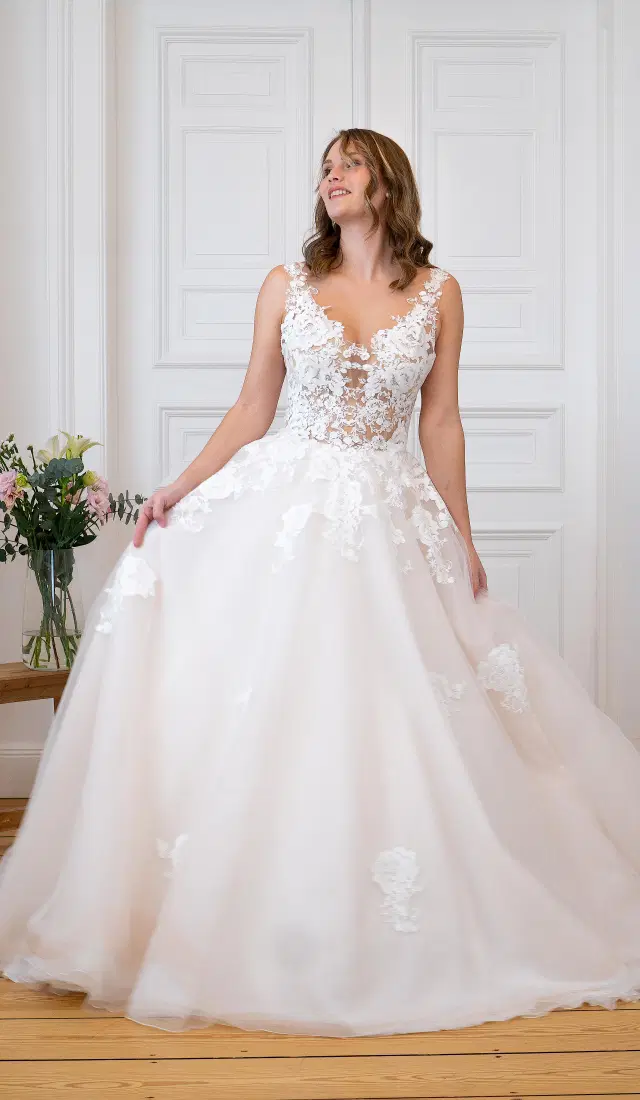 Bella by Sanna Lindström: Ball Gown silhouette, illusion neckline, sleeveless, lace