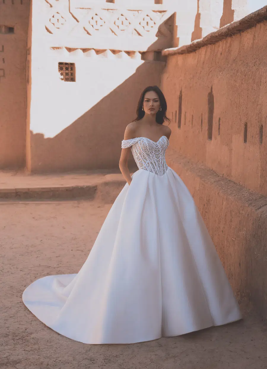 Theodora by Enzoani: Ball Gown silhouette, sweetheart neckline, mikado, chapel train