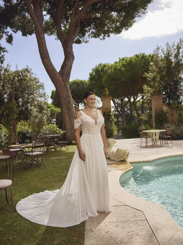 Joy by Modeca Bridal: A-Line silhouette, V-neck neckline, chiffon, chapel train