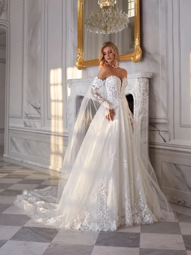 Nicole by Vanilla Sposa: Ball Gown silhouette, deep V-neck neckline, separate sleeves, lace
