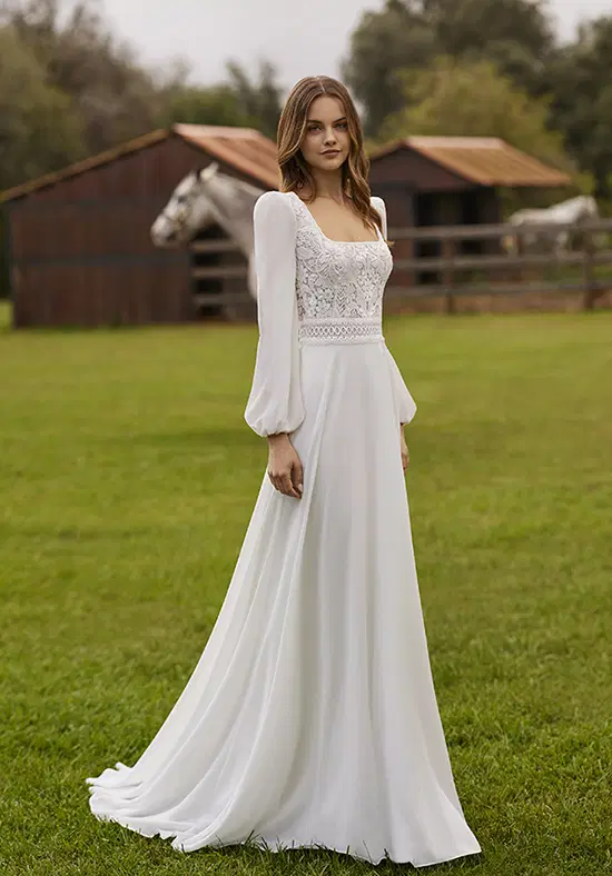 Neimy by Alma Novia: Straight silhouette, square neckline, long sleeves, lace