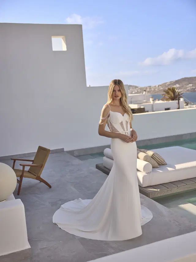 Isolde by Modeca Bridal: Fit & Flare silhouette, sweetheart neckline, crepe, chapel train