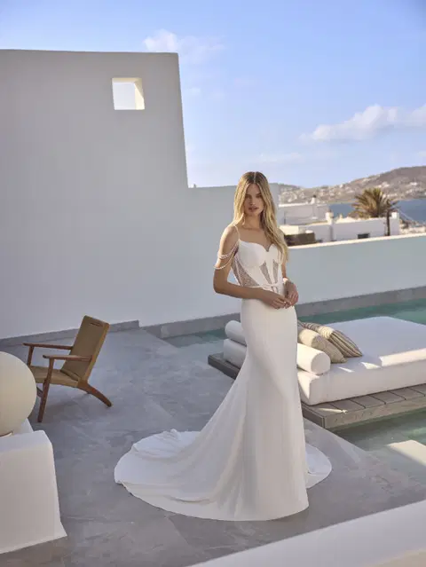 Isolde wedding dress by Modeca Bridal, fit & flare, crepe