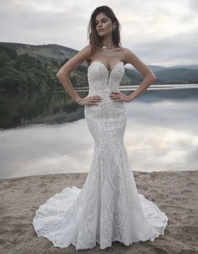 Bronson by Sottero & Midgley: Fit & Flare silhouette, sweetheart neckline, separate sleeves, lace