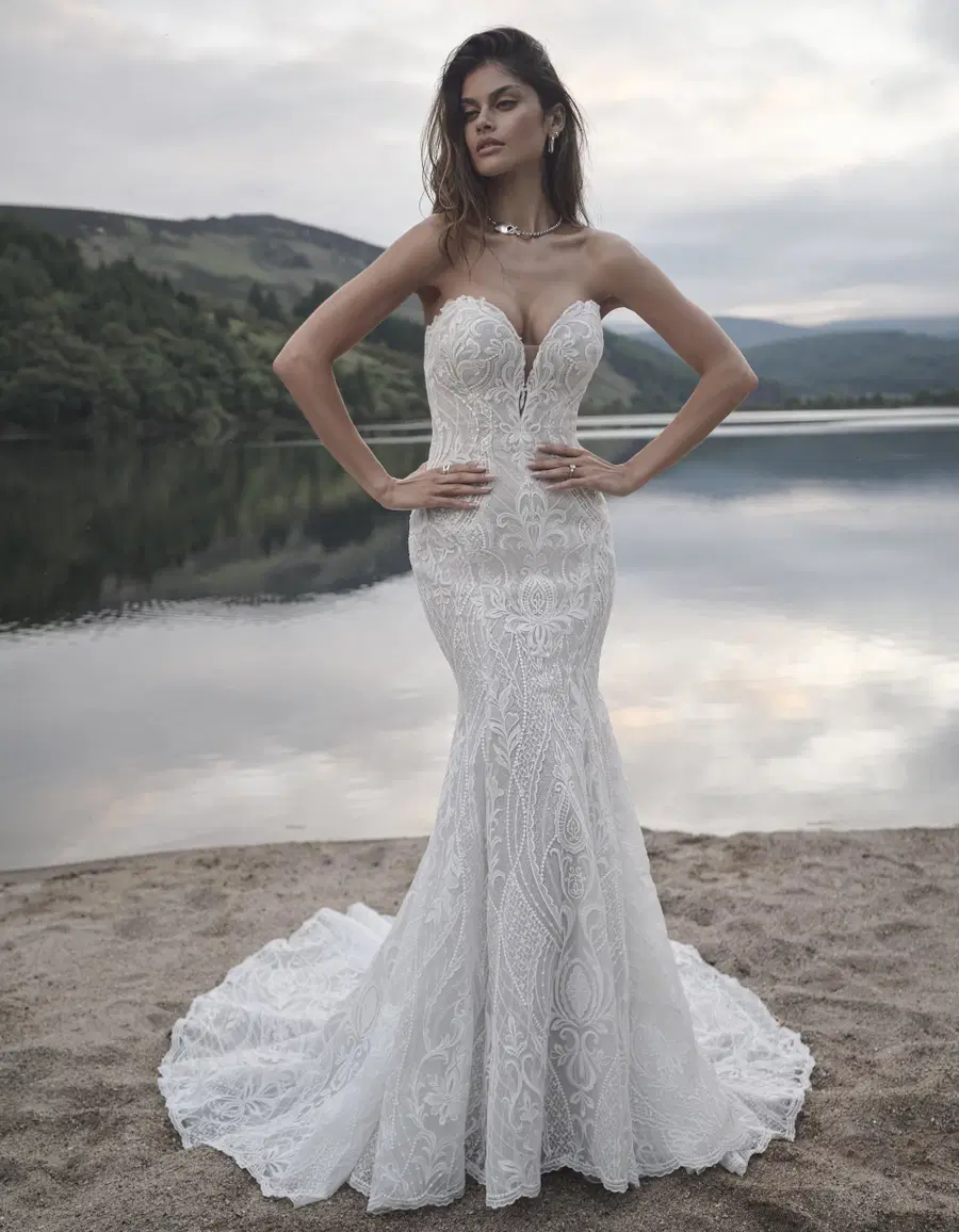 Bronson by Sottero & Midgley: Fit & Flare silhouette, sweetheart neckline, separate sleeves, lace