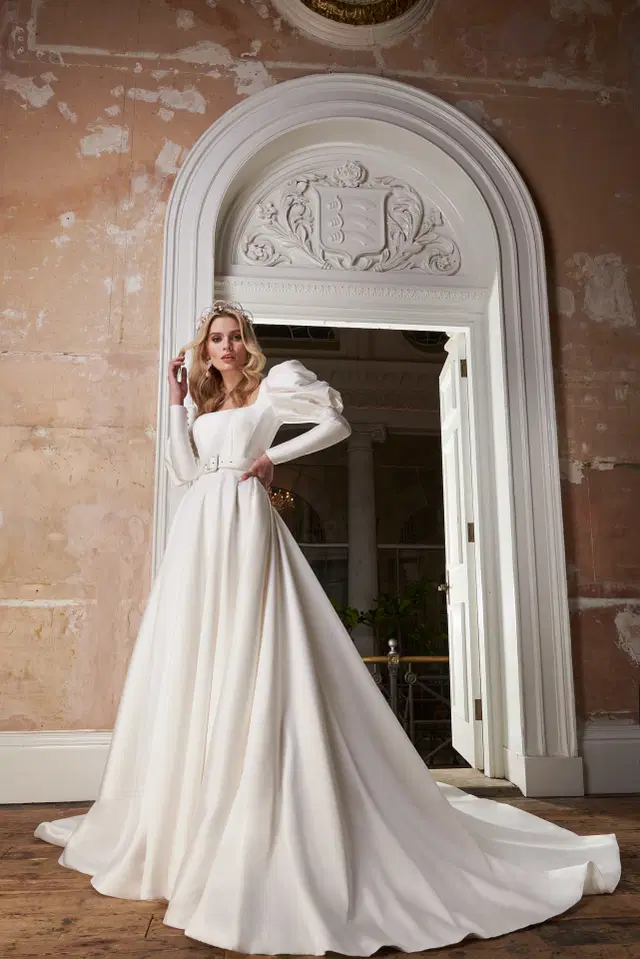 Claudia by Josephine Scott: A-Line silhouette, V-neck neckline, long sleeves, mikado