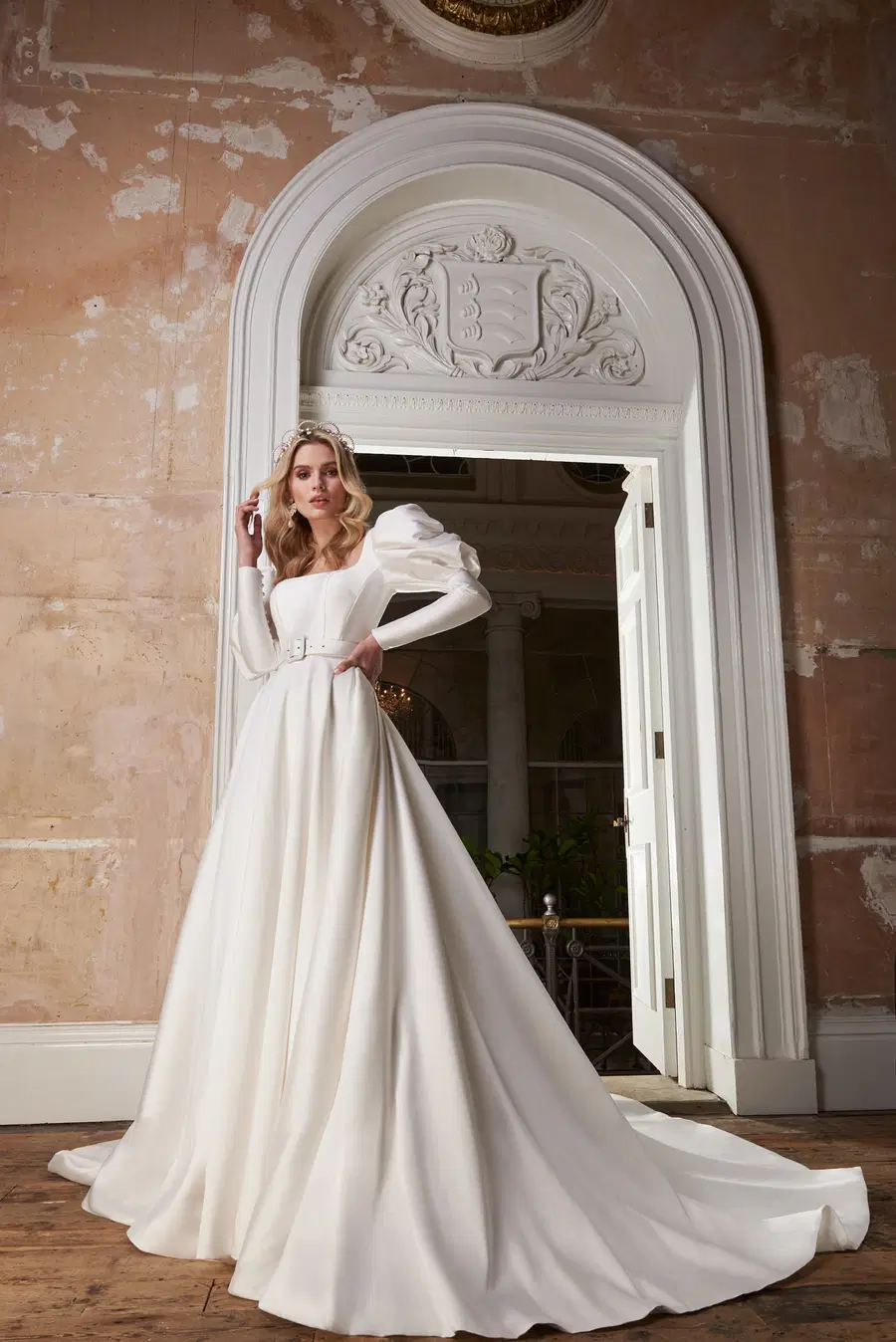 Claudia by Josephine Scott: A-Line silhouette, V-neck neckline, long sleeves, mikado