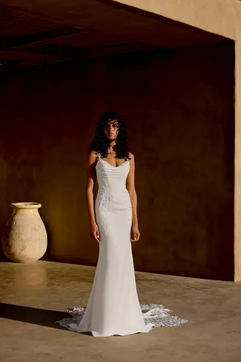 Style 66447 wedding dress by Lillian West, trumpet, tulle
