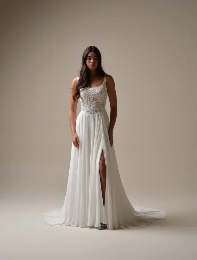 Cory by Rebecca Ingram: A-Line silhouette, square neckline, sleeveless, chiffon