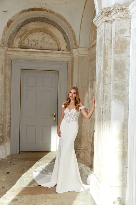 Style 44540 wedding dress by Sincerity Bridal, fit & flare, crepe