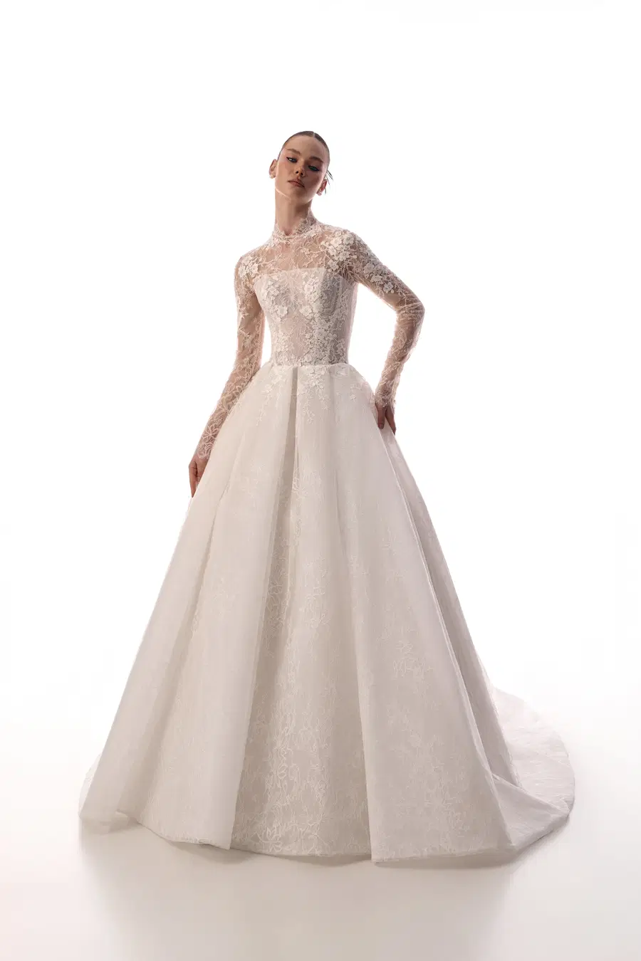 Evie by Innocentia: Ball Gown silhouette, illusion neckline, long sleeves, lace