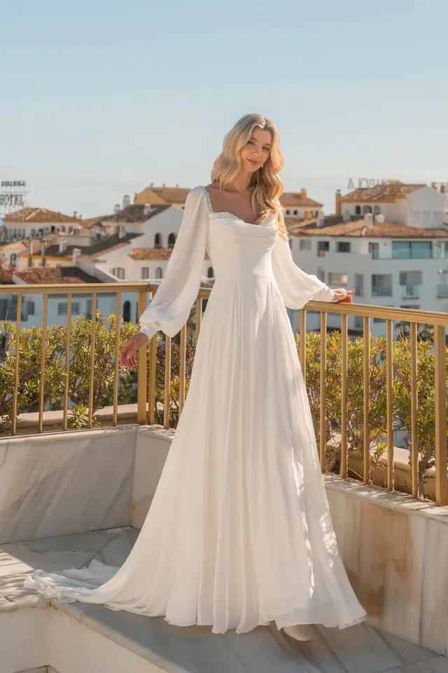 31019 by Diane Legrand: A-Line silhouette, sweetheart neckline, long sleeves, chiffon