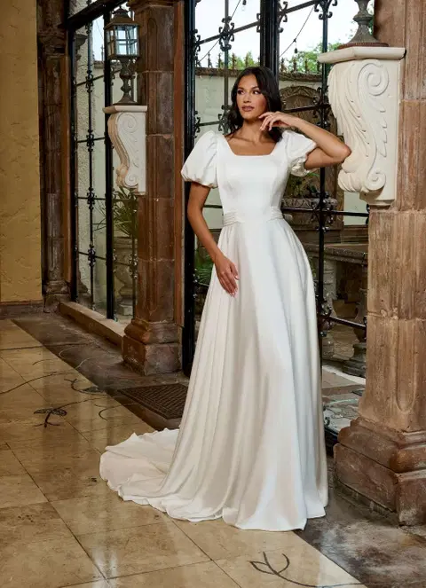 Style RB7004 wedding dress by Rachel Allan, A-line, satin