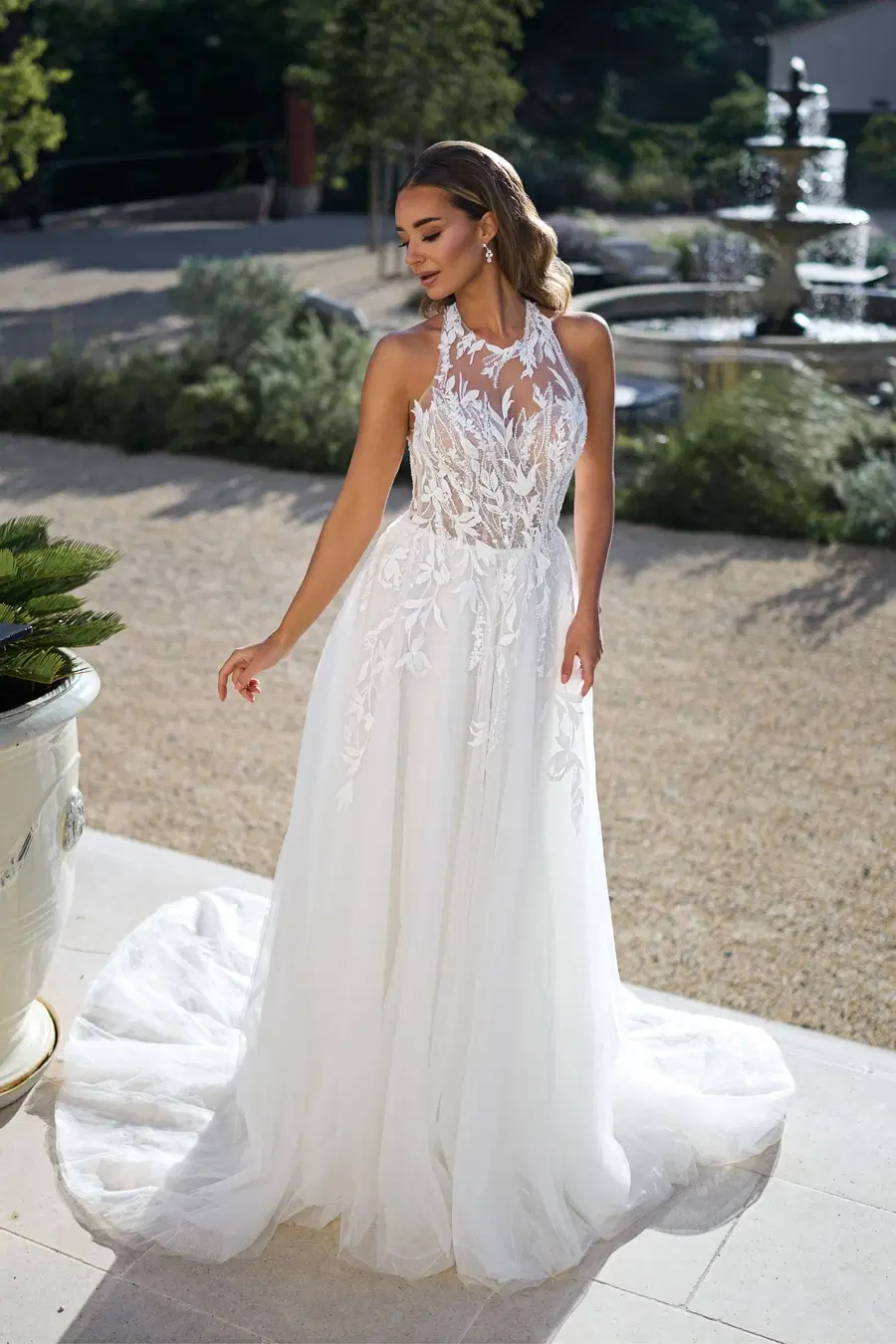 27223 by Très Chic: A-Line silhouette, high / halter neckline, sleeveless, tulle