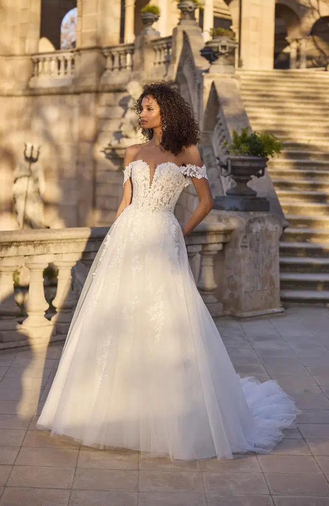 Hyselle by Veni Infantino: Ball Gown silhouette, off-shoulder neckline, lace