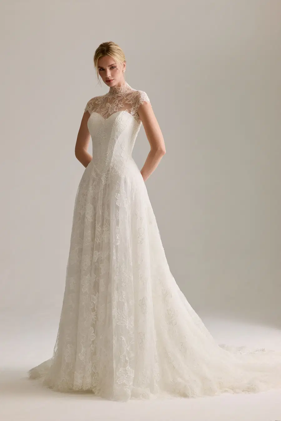 Noemie by Josephine Scott: A-Line silhouette, high / halter neckline, cap sleeves, lace