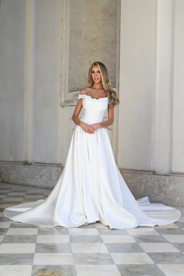 Stracciatella by Dando London: Ball Gown silhouette, off-shoulder neckline, sleeveless, mikado