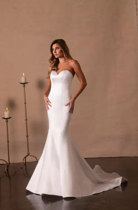 Style RB5104 wedding dress by Rachel Allan, fit & flare, satin