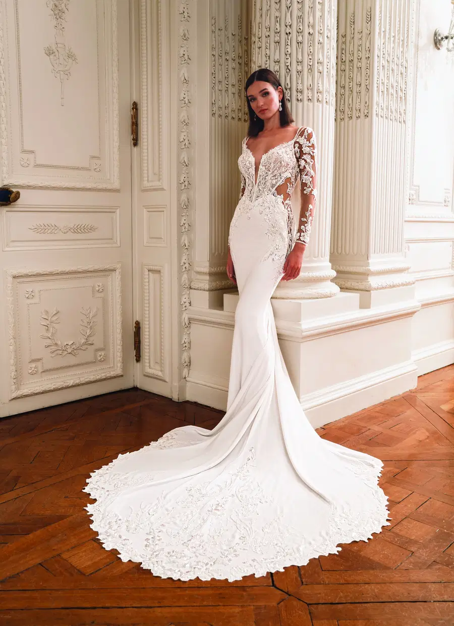 FLORA by ÉLYSÉE: Mermaid silhouette, illusion neckline, long sleeves, crepe