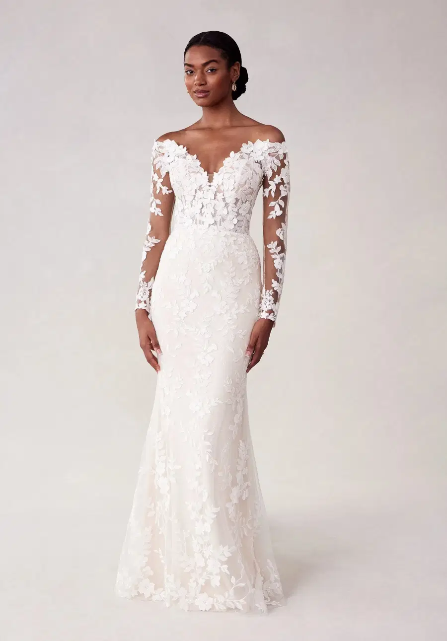 Seely by Mori Lee: Fit & Flare silhouette, off-shoulder neckline, long sleeves, lace
