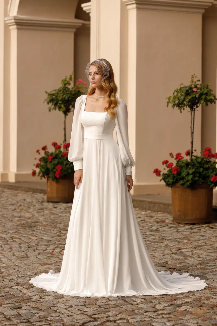 1085 by Angela Bianca: A-Line silhouette, square neckline, long sleeves, crepe