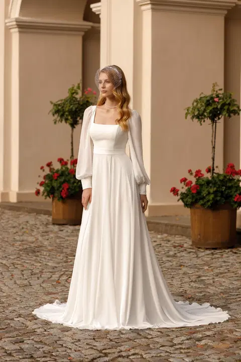 Style 1085 wedding dress by Angela Bianca, A-line, crepe