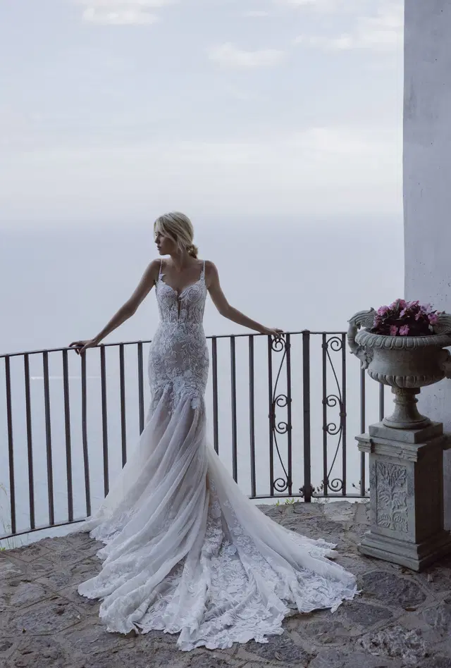 Felicita 24-018 by Ricca Sposa: Mermaid silhouette, deep V-neck neckline, sleeveless, tulle