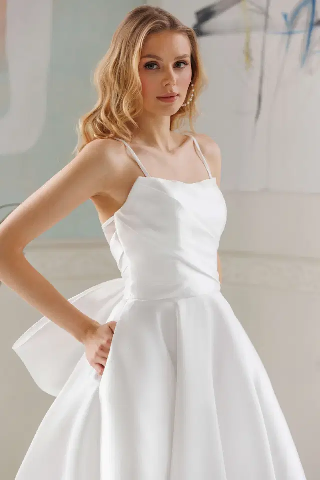 Dion by Jarice: A-Line silhouette, straight neckline, mikado